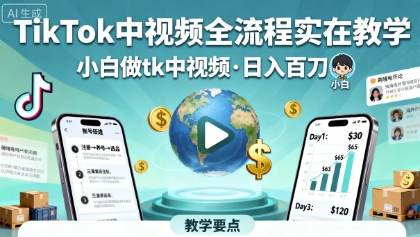 TikTok中视频全流程实操教学,小白做tk中视频,日入百刀-邪修侠