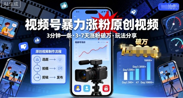 视频号暴力涨粉原创视频,3分钟一条原创视频,3-7天涨粉破万,玩法分享给你-邪修侠