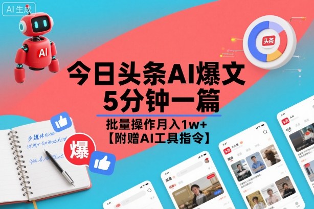 今日头条AI爆文,5分钟一篇,批量操作月入1w+【附赠AI工具指令】-邪修侠