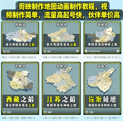 剪映制作地图动画制作教程，视频制作简单，流量高起号快，伙伴单价高-邪修侠