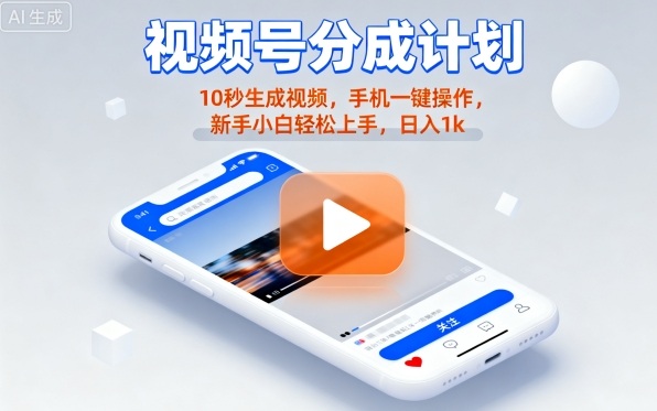 视频号分成计划懒人玩法,10秒生成视频,手机一键操作,新手小白轻松上手,日入1K【揭秘】-邪修侠