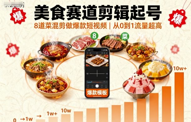 美食赛道剪辑起号,8道菜混剪做爆款短视频,从0到1,流量超高-邪修侠