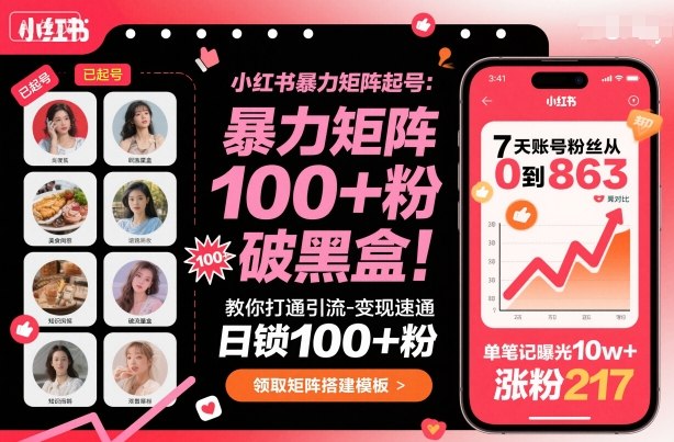 小红书暴力矩阵起号,教你打通引流-变现速通,日锁100+粉,破流量黑盒-邪修侠