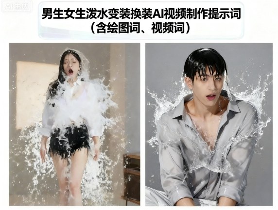 男生女生泼水变装换装AI视频制作提示词(含绘图词、视频词)-邪修侠