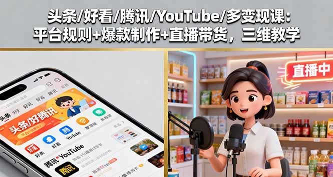 头条/好看/腾讯/YouTube/多变现课:平台规则+爆款制作+直播带货,三维教学-邪修侠
