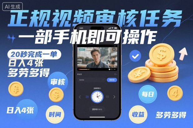 正规视频审核任务,一部手机即可操作,20秒完成一单,日入4张,多劳多得【揭秘】-邪修侠