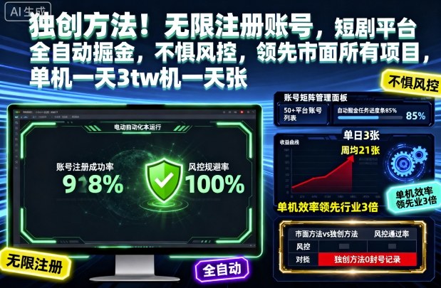 独创方法!无限注册账号,短剧平台全自动掘金,不惧风控,领先市面所有项目,单机一天3张【揭秘】-邪修侠