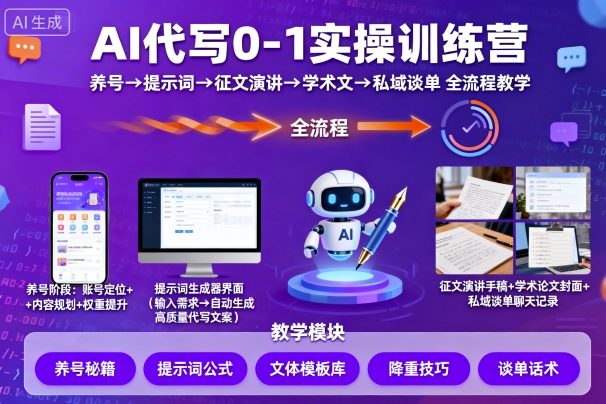 AI代写0-1实操训练营,从养号、提示词、征文演讲、学术文,到私域谈单的全流程教学-邪修侠