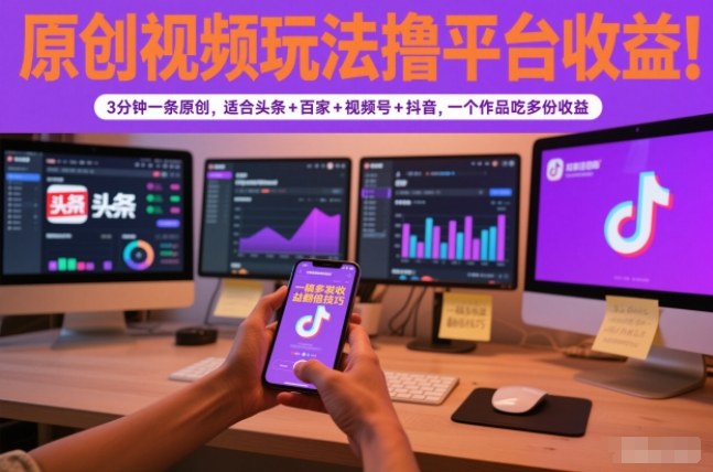 原创视频玩法撸平台收益,3分钟一条原创,适合头条+百家+视频号+抖音,一个作品吃多份收益-邪修侠