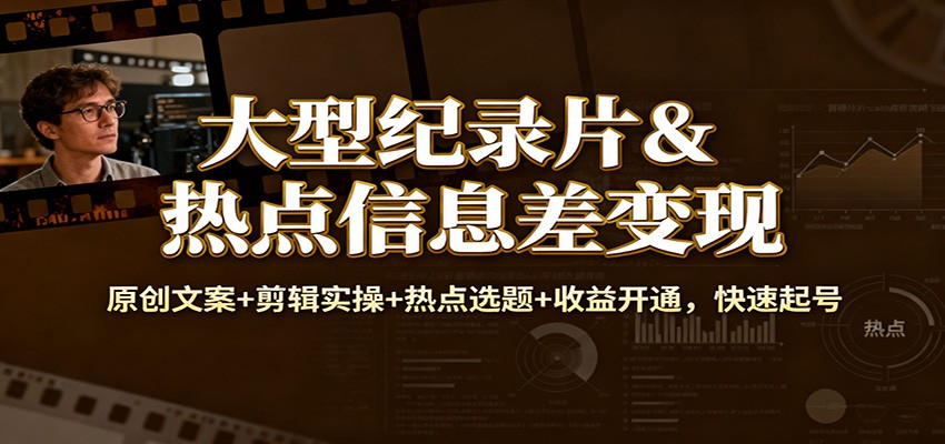 大型纪录片&热点信息差变现：原创文案+剪辑实操+热点选题+收益开通，快速起号-邪修侠