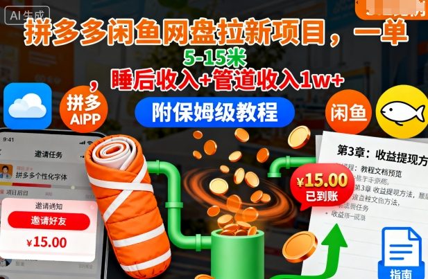 拼多多闲鱼网盘拉新项目,一单5-15米,睡后收入+管道收入1w+(附保姆级教程)-邪修侠