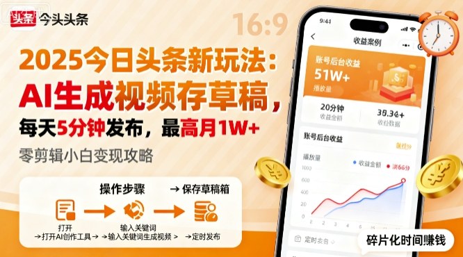 2025年今日头条躺賺新玩法,AI生成视频存草稿,每天5分钟发布,最高月1W+【揭秘】-邪修侠