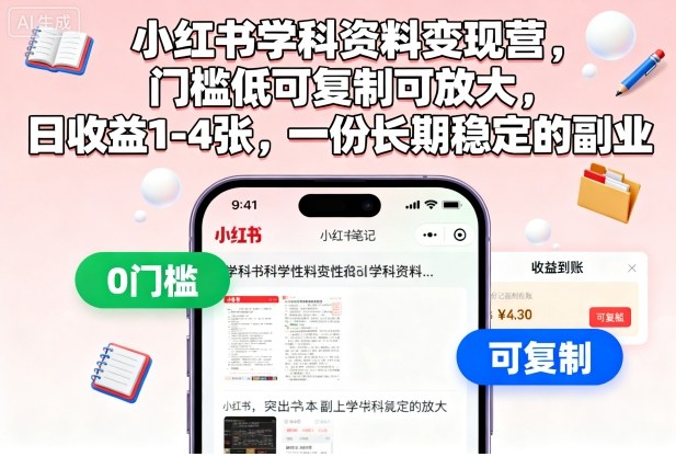 小红书学科资料变现营,门槛低可复制可放大,日收益1-4张,一份长期稳定的副业-邪修侠