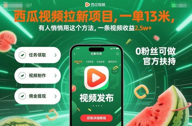 西瓜视频拉新项目，一单13米，有人悄悄用这个方法，一条视频收益2.5w+(附详细教程)-邪修侠