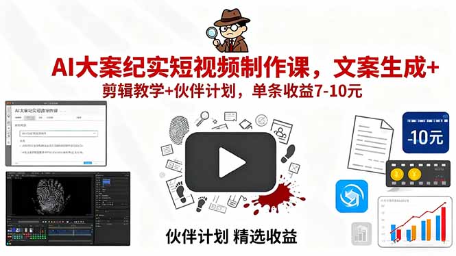 AI大案纪实短视频制作课，文案生成+剪辑教学+伙伴计划，单条收益7-10元-邪修侠