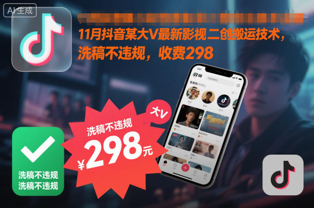 11月抖音某大V最新影视二创搬运技术,洗稿不违规,收费298-邪修侠