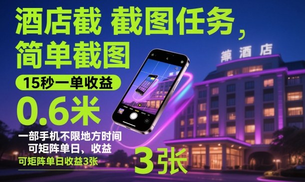 酒店截图任务，简单截图，15秒一单收益0.6米，一部手机不限地方时间，可矩阵单日收益3张【揭秘】-邪修侠