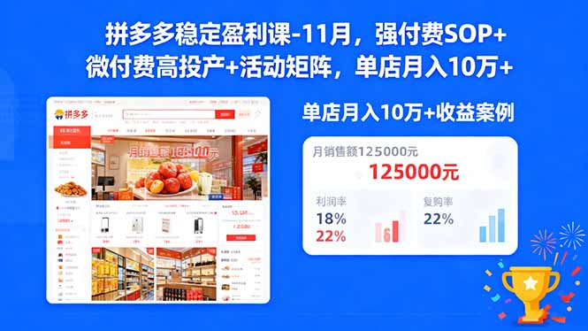 拼多多稳定盈利课-11月,强付费SOP+微付费高投产+活动矩阵,单店月入10万+-邪修侠
