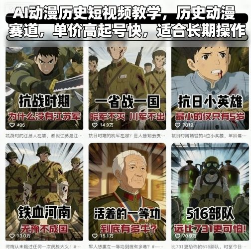 AI动漫历史短视频教学,历史动漫赛道,单价高起号快,适合长期操作-邪修侠