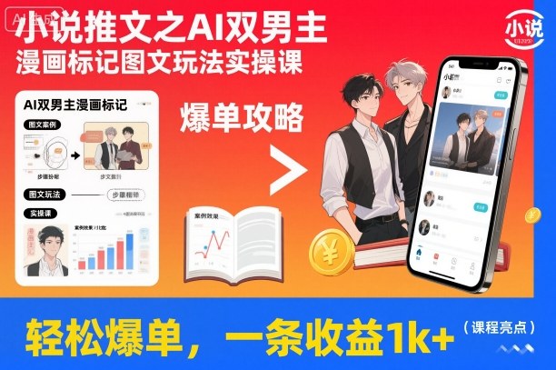 小说推文之AI双男主漫画标记图文玩法实操课，轻松爆单，一条收益1k+-邪修侠