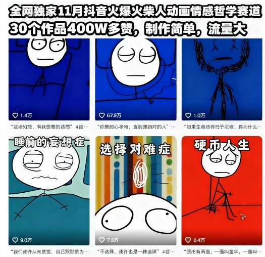 全网独家11月抖音火爆火柴人动画情感哲学赛道,30个作品400W多赞,制作简单,流量大【教学+素材】-邪修侠