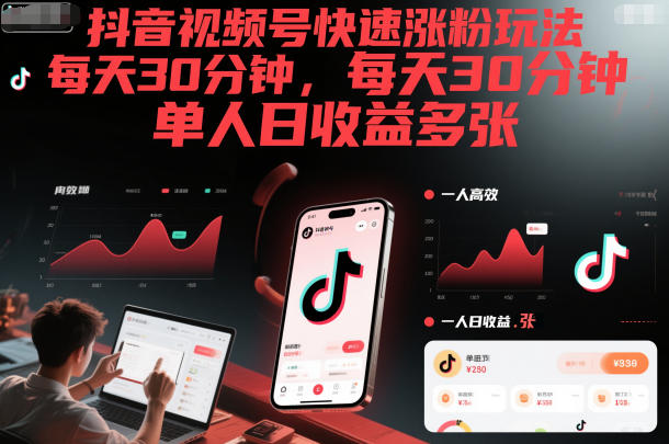抖音视频号快速涨粉玩法,每天30分钟,单人日收益多张-邪修侠