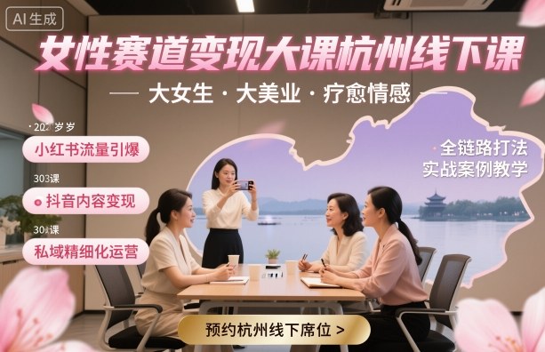 女性赛道变现大课杭州线下,大女生,大美业,疗愈情感,一套小红书、抖音、私域全链路打法-邪修侠