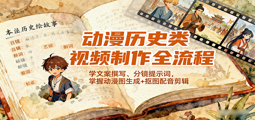 动漫历史类视频制作全流程,学文案撰写、分镜提示词,掌握动漫图生成+抠图配音剪辑-邪修侠