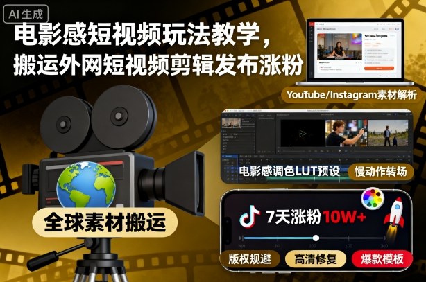 电影感短视频玩法教学,搬运外网短视频剪辑发布涨粉-邪修侠