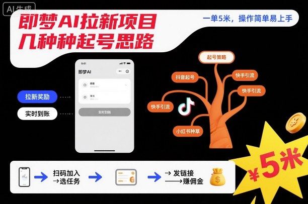 即梦AI拉新项目几种起号思路,一单5米,操作简单易上手-邪修侠