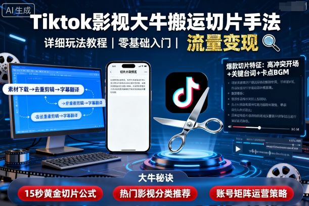 Tiktok影视大牛搬运切片手法,详细玩法教程-邪修侠