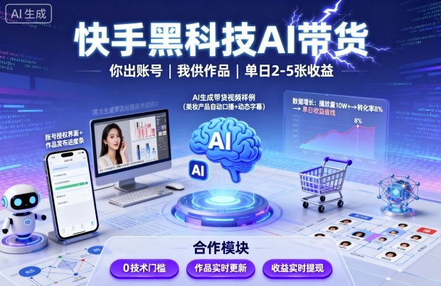快手黑科技AI带货,你提供账号,我提供作品并发布,单日2-5张【揭秘】-邪修侠