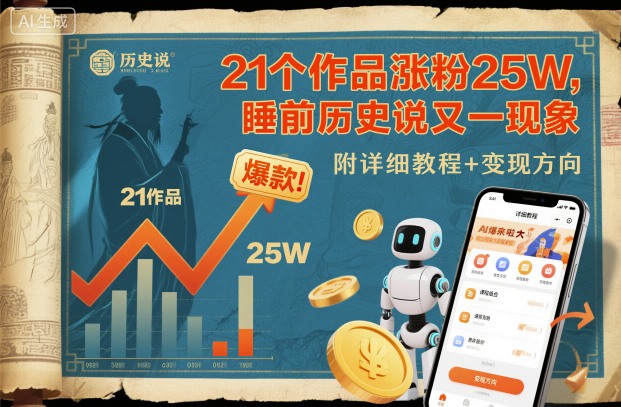 21个作品涨粉25W,睡前历史说又一现象级AI内容大爆款来啦,附详细教程+变现方向-邪修侠