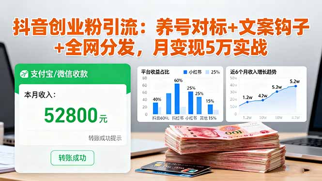 抖音创业粉引流:养号对标+文案钩子+全网分发,月变现5万实战-邪修侠