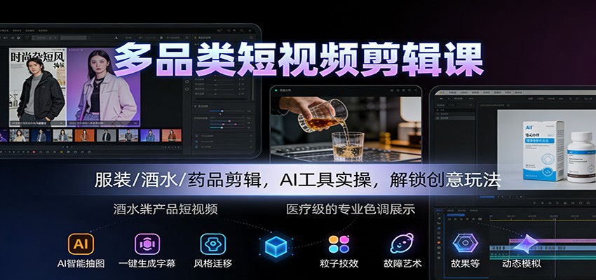 多品类短视频剪辑课：服装/酒水/药品剪辑，AI工具实操，解锁创意玩法-邪修侠