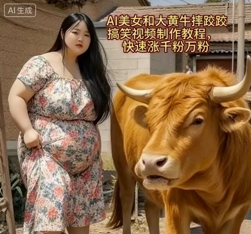 AI美女和大黄牛摔跤搞笑荒诞视频制作教程,快速涨千粉万粉-邪修侠