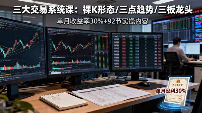 三大交易系统课:裸K形态/三点趋势/三板体系,单月收益率30%+92节实操内容-邪修侠