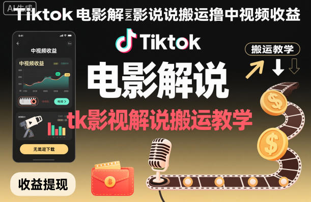 Tiktok电影解说搬运撸中视频收益，tk影视解说搬运教学-邪修侠