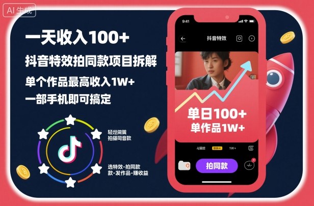 一天收入100+,抖音特效拍同款项目拆解,单个作品最高收入1W+,一部手机即可搞定-邪修侠